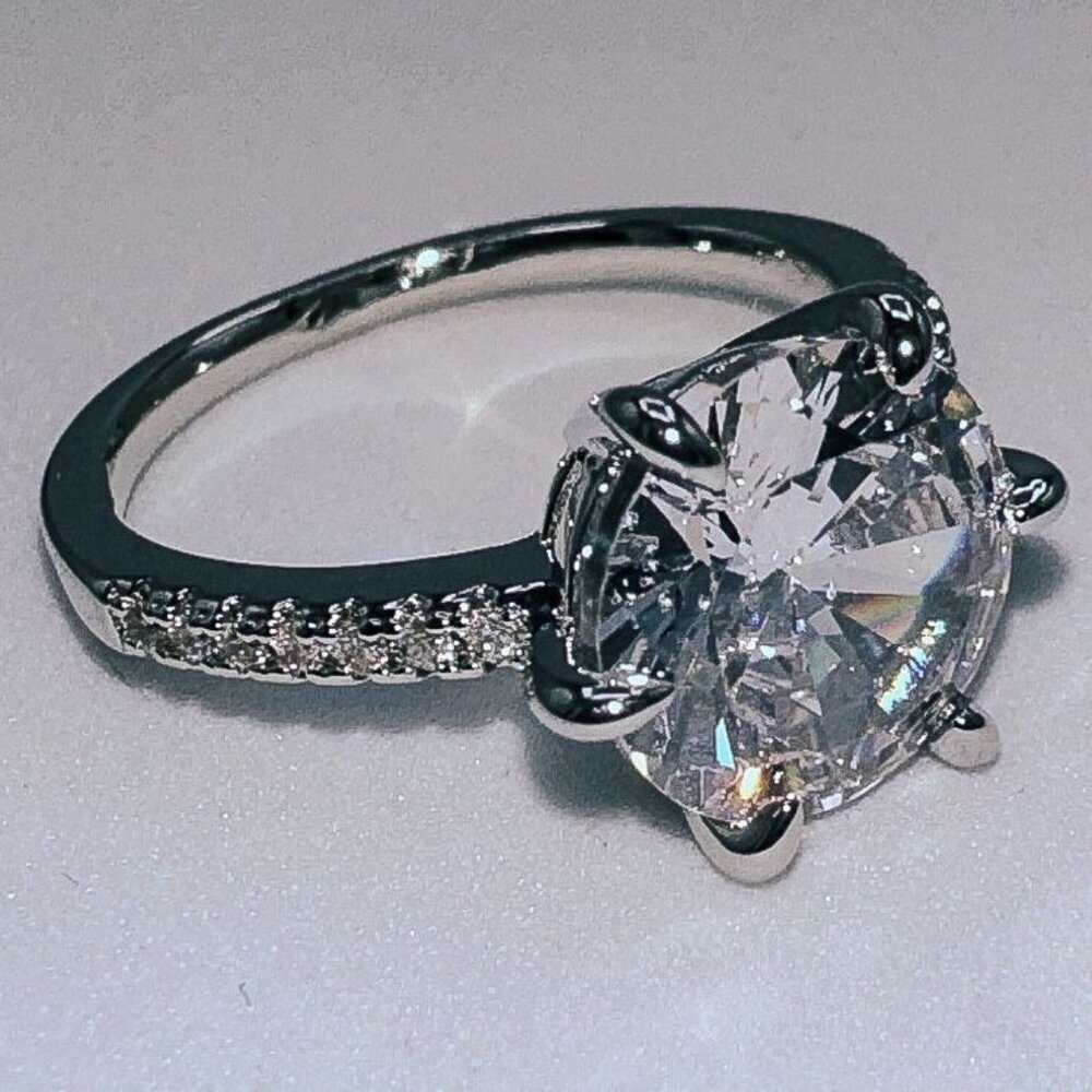 Silver Tone Cubic Zirconia Round Cut Engagement Ring